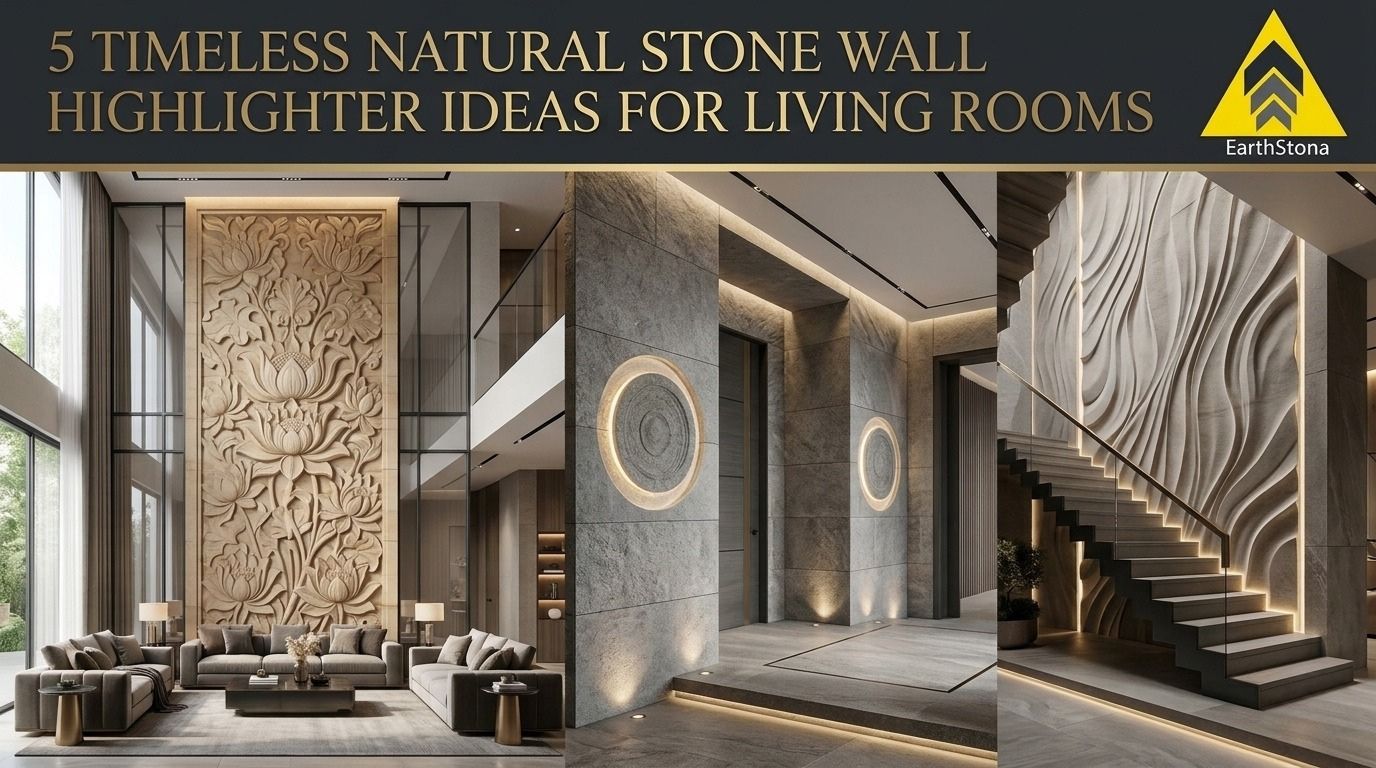 Premium natural stone panel feature wall interior designs for luxury double height living area and entrance foyer by EarthStona